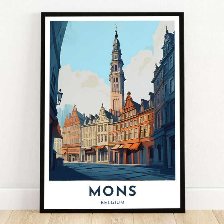 Retro travel art print illustrating the historic Baroque Belfry and step-gabled buildings of Mons, Belgium. Offered by MapYourDreams, this artwork is available in flexible options including unframed paper, custom wooden frames, and gallery canvas wraps.