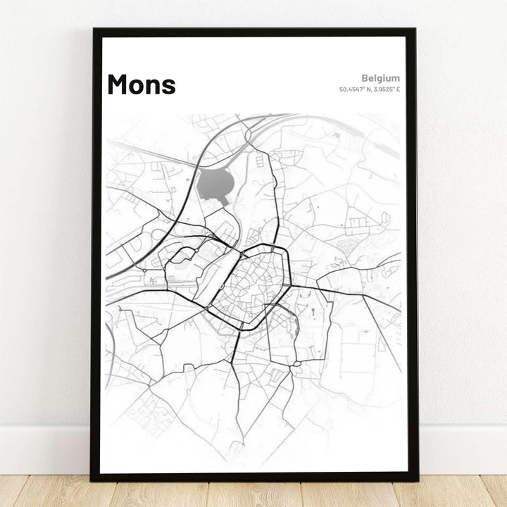 A sleek black and white minimalist street grid city map poster of Mons in Belgium, featuring geographic coordinates and detailed road layouts. Offered by MapYourDreams, this artwork is available in flexible options including unframed paper, custom wooden frames, and gallery canvas wraps.