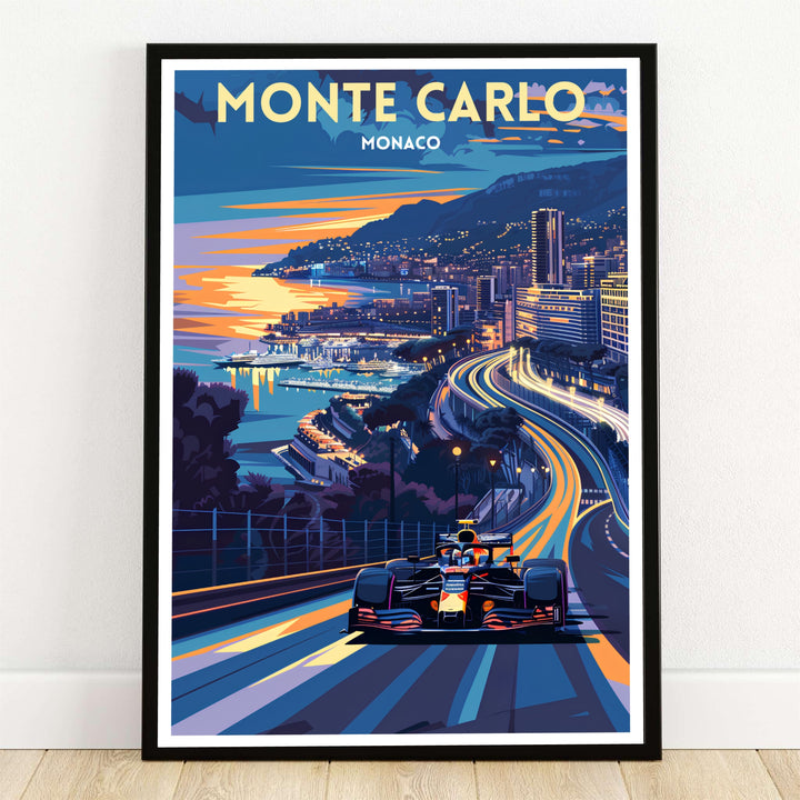 A stunning view of the Monaco Grand Prix race track in Monte Carlo with a racing car in the foreground, vibrant sunset clouds above, and deep blue water reflections; expertly printed as a borderless canvas print, classic unframed print, or custom framed wall poster.
