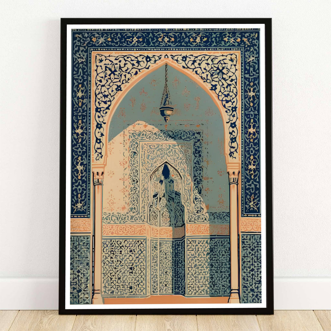 Fine art print of a Moorish horseshoe archway inspired by Alhambra in Granada Spain featuring blue tile zellige borders and a hanging brass lantern. Offered by MapYourDreams, this artwork is available in flexible options including unframed paper, custom wooden frames, and gallery canvas wraps for room decor.