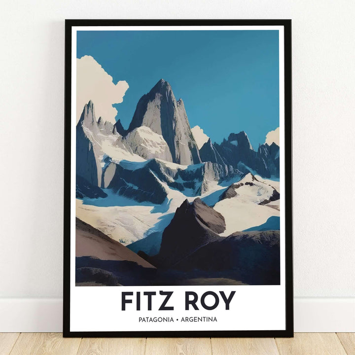 Mount Fitz Roy Patagonia poster print featuring slate blue sky, sheer granite spires, snow ridges, and deep mountain shadows in Argentina. Crafted by MapYourDreams, this design can be ordered as borderless archival paper, custom wooden frames, or gallery canvas wraps.