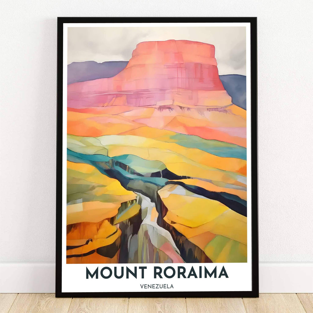 Mount Roraima Venezuela poster featuring an abstract color block illustration of a coral pink tepui mountain plateau and golden canyon ravine. Crafted by MapYourDreams, this design can be ordered as borderless archival paper, custom wooden frames, or gallery canvas wraps.