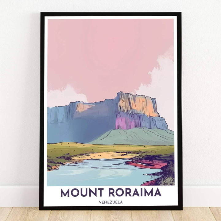 Mount Roraima Venezuela wall art featuring a minimalist line illustration of a blush pink sunset sky, sandstone tepui cliffs, and a peaceful river. Crafted by MapYourDreams, this design can be ordered as borderless archival paper, custom wooden frames, or gallery canvas wraps.