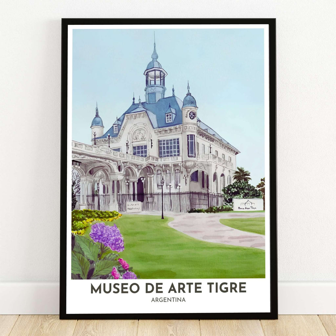 Museo de Arte Tigre poster print featuring a watercolor illustration of the historic mansion estate, slate blue spires, and purple hydrangeas in Argentina. Crafted by MapYourDreams, this design can be ordered as borderless archival paper, custom wooden frames, or gallery canvas wraps.