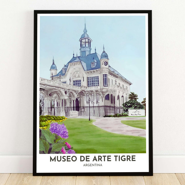 Museo de Arte Tigre poster print featuring a watercolor illustration of the historic mansion estate, slate blue spires, and purple hydrangeas in Argentina. Crafted by MapYourDreams, this design can be ordered as borderless archival paper, custom wooden frames, or gallery canvas wraps.
