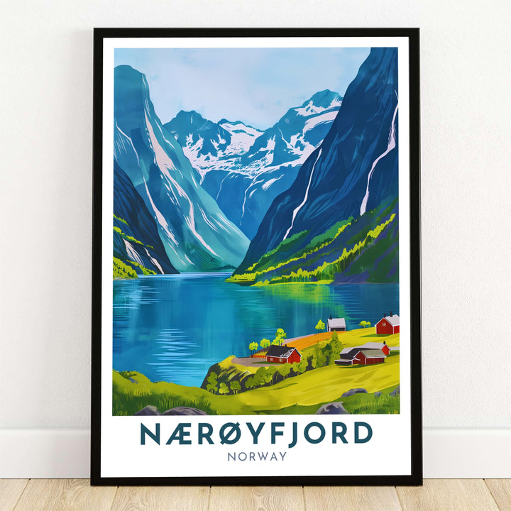Graphic vector illustration of Nærøyfjord Norway showcasing lush green summer hills, crystal blue fjord waters, and traditional red homes set against steep mountain peaks. Ideal for modern interiors, this fine art print is offered as a framed print, gallery wrapped canvas, or unframed paper poster.