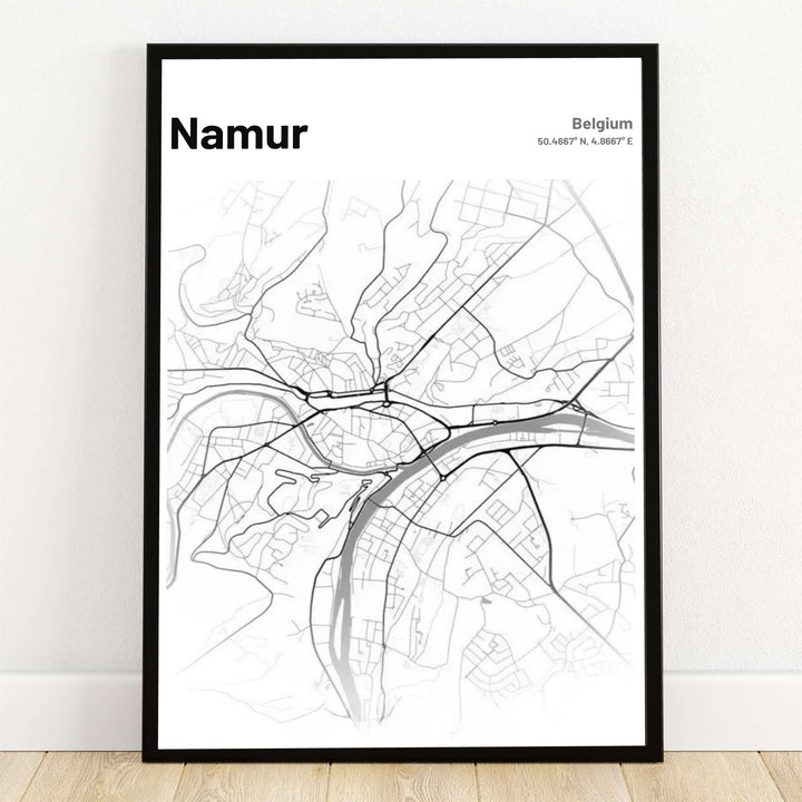 A sleek black and white minimalist street grid city map poster of Namur in Belgium, highlighting the confluence of the Meuse and Sambre rivers and geographic coordinates. Offered by MapYourDreams, this artwork is available in flexible options including unframed paper, custom wooden frames, and gallery canvas wraps.