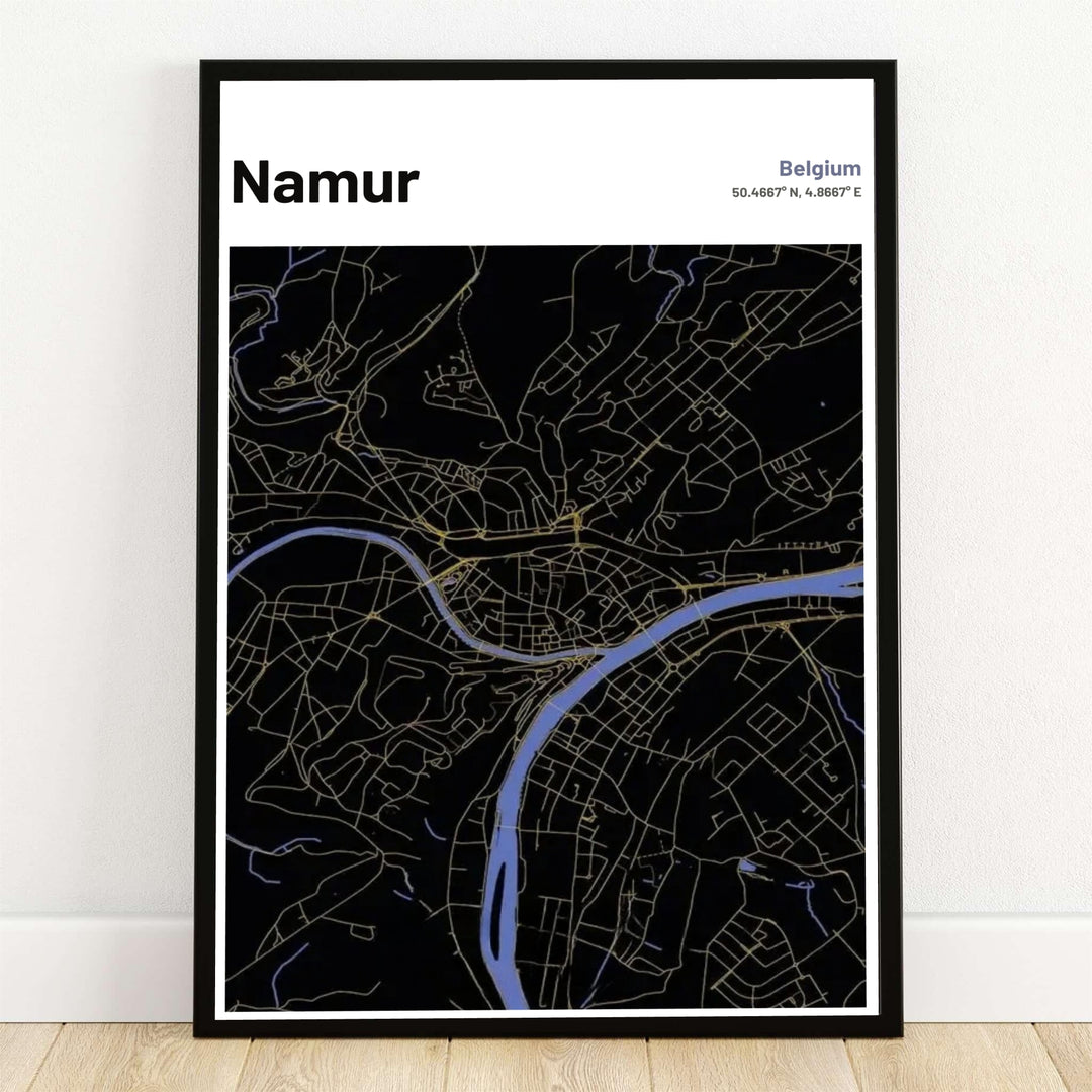 A striking dark mode city map poster of Namur in Belgium featuring gold street vectors and soft blue river channels set against a black background. Offered by MapYourDreams, this artwork is available in flexible options including unframed paper, custom wooden frames, and gallery canvas wraps.