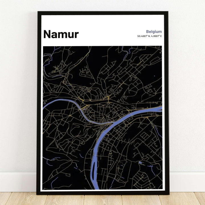 A striking dark mode city map poster of Namur in Belgium featuring gold street vectors and soft blue river channels set against a black background. Offered by MapYourDreams, this artwork is available in flexible options including unframed paper, custom wooden frames, and gallery canvas wraps.