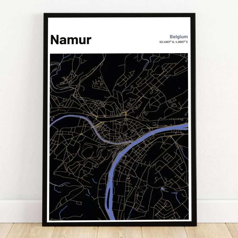 A striking dark mode city map poster of Namur in Belgium featuring gold street vectors and soft blue river channels set against a black background. Offered by MapYourDreams, this artwork is available in flexible options including unframed paper, custom wooden frames, and gallery canvas wraps.