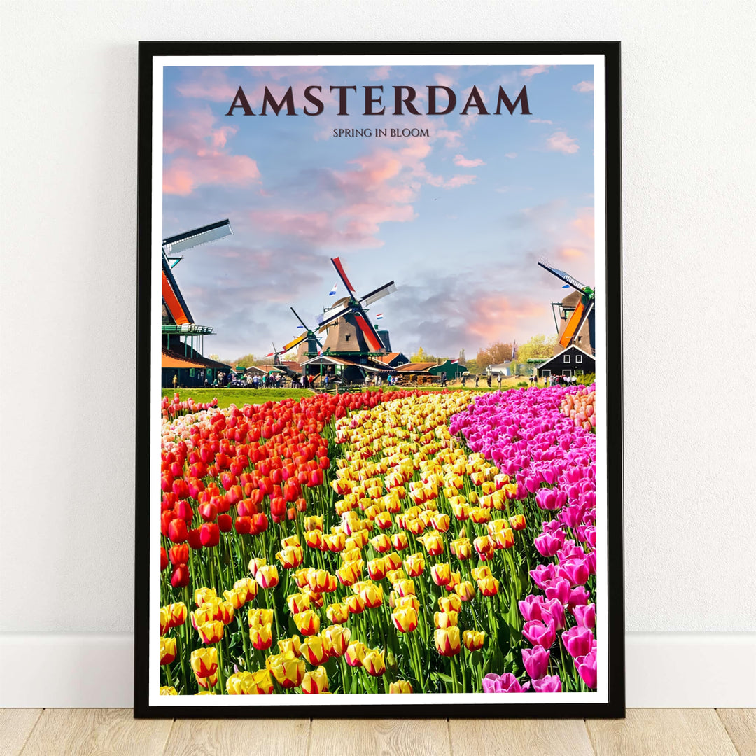 Netherlands Tulip Fields poster depicting a photographic landscape of vibrant red yellow and pink tulips blooming before traditional Dutch windmills at sunset, offered by MapYourDreams as an unframed paper print, stretched gallery canvas, or custom framed wall decor for living rooms.