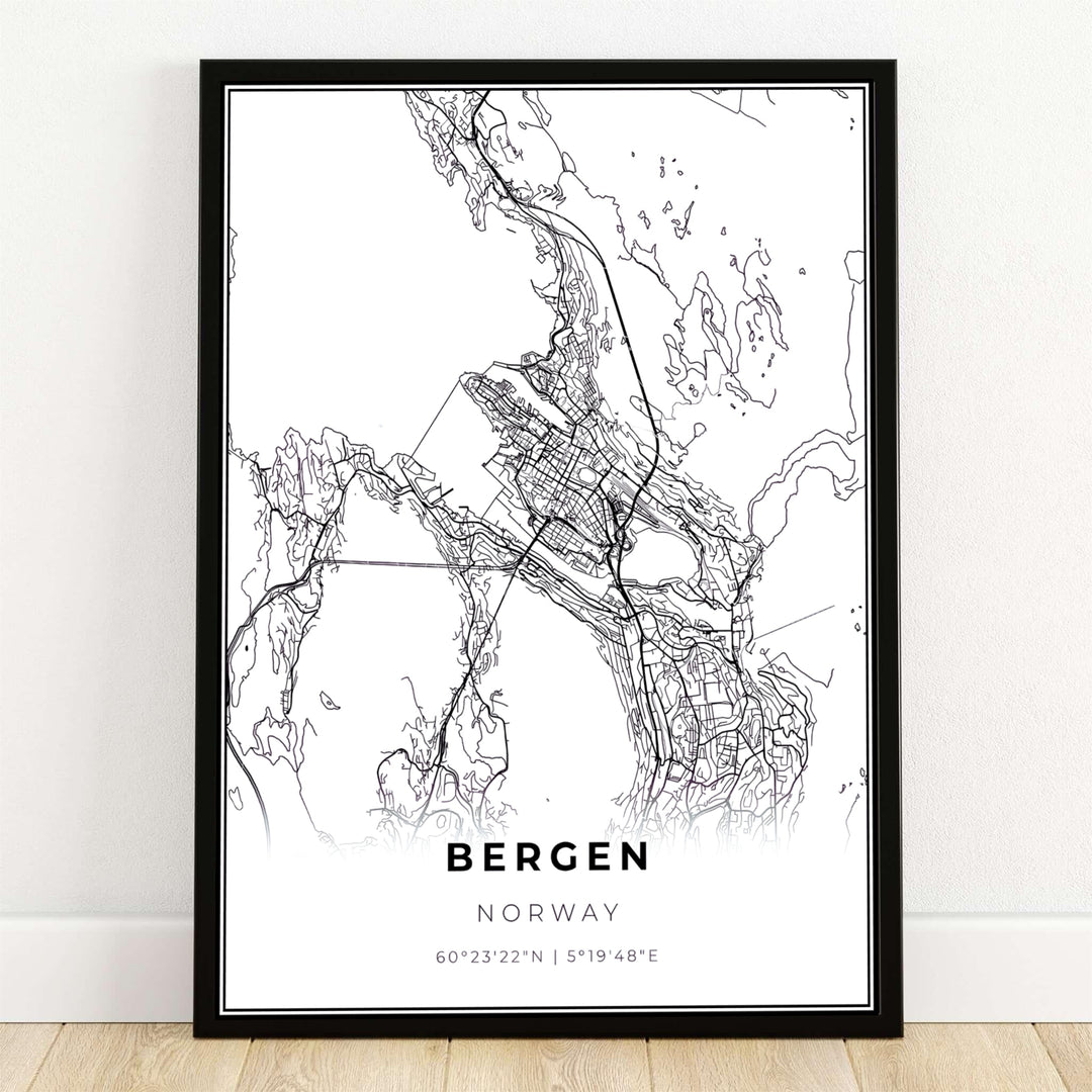 Minimalist black and white city street grid map of Bergen Norway showing detailed road layouts, coastline contours, and precise geographic coordinates. Perfect for modern decor, this fine art print is available as a framed print, gallery wrapped canvas, or unframed paper poster.