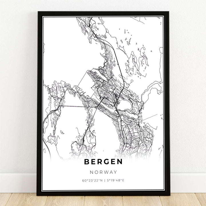 Minimalist black and white city street grid map of Bergen Norway showing detailed road layouts, coastline contours, and precise geographic coordinates. Perfect for modern decor, this fine art print is available as a framed print, gallery wrapped canvas, or unframed paper poster.