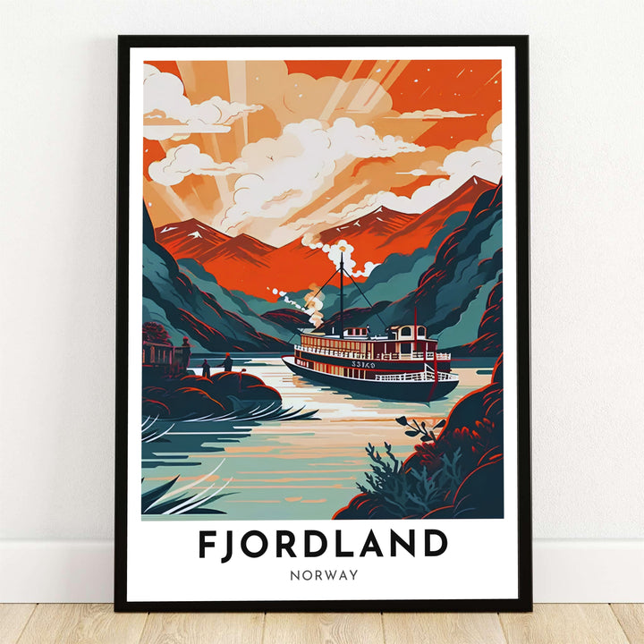Vintage illustration of a steamship sailing through a scenic Norwegian fjord at sunset with glowing mountain peaks and dramatic clouds. A classic travel art print from MapYourDreams available as a framed print, gallery wrapped canvas, or unframed paper poster.