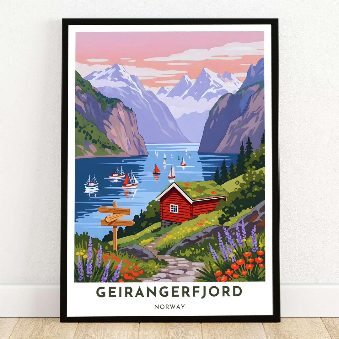 Vibrant travel art illustration of Geirangerfjord Norway at sunset showing a traditional red turf roof cabin, sailboats, and snow-capped mountain peaks. A serene landscape print from MapYourDreams offered as a ready-to-hang framed print, gallery wrapped canvas, or unframed paper poster.