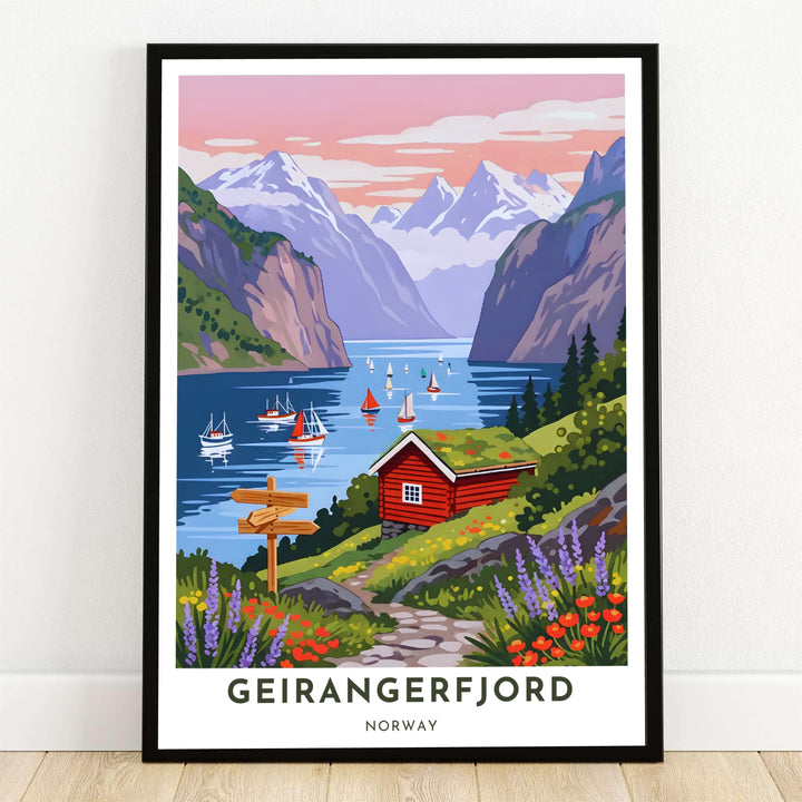Vibrant travel art illustration of Geirangerfjord Norway at sunset showing a traditional red turf roof cabin, sailboats, and snow-capped mountain peaks. A serene landscape print from MapYourDreams offered as a ready-to-hang framed print, gallery wrapped canvas, or unframed paper poster.