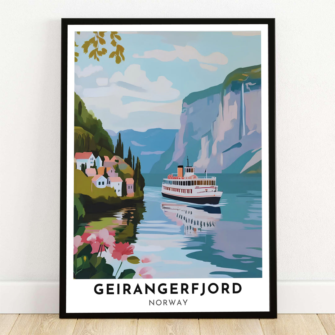 Retro travel poster illustrating Geirangerfjord Norway with a classic passenger ship cruising calm waters past steep mountain cliffs and waterfalls. This scenic coastal decor from MapYourDreams comes as a ready-to-hang framed print, stretched canvas wrap, or unframed paper print.