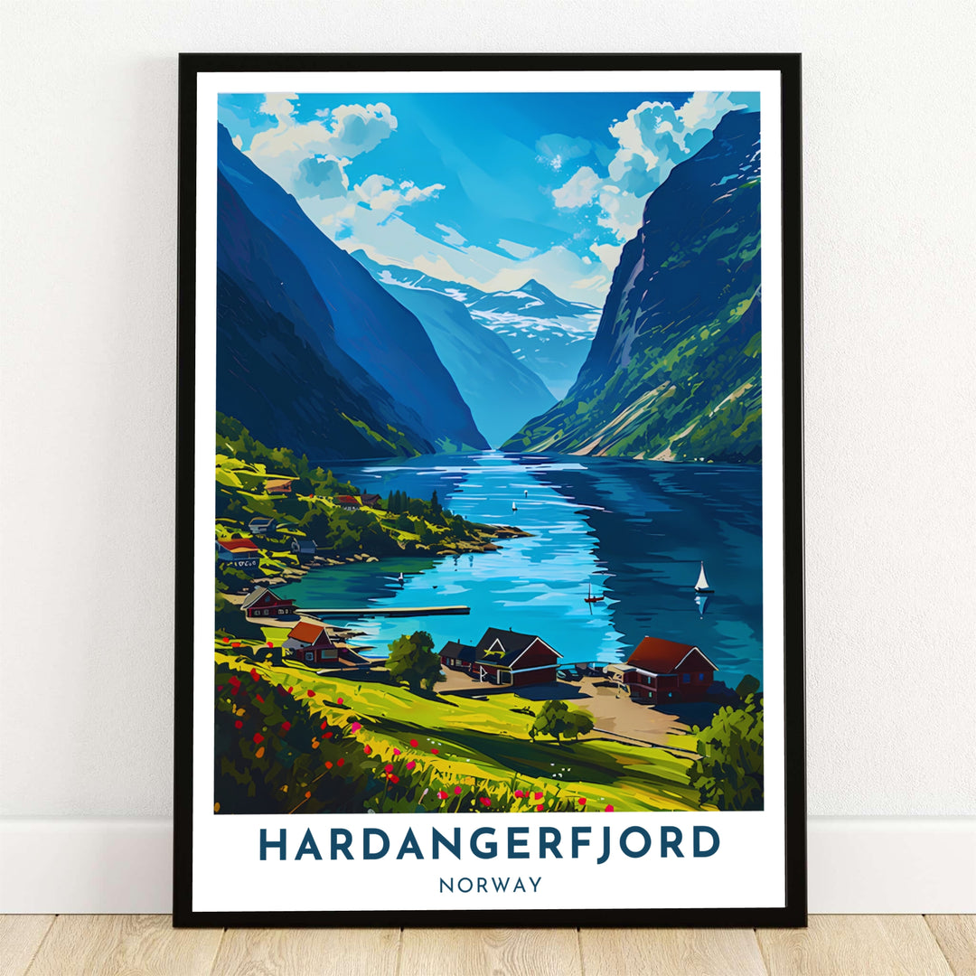 Vibrant vector landscape illustration of Hardangerfjord Norway during summer showing red waterfront houses, sailboats, and towering mountain peaks. Created by MapYourDreams, this coastal print is available as a ready-to-hang framed print, stretched canvas wrap, or unframed paper print.