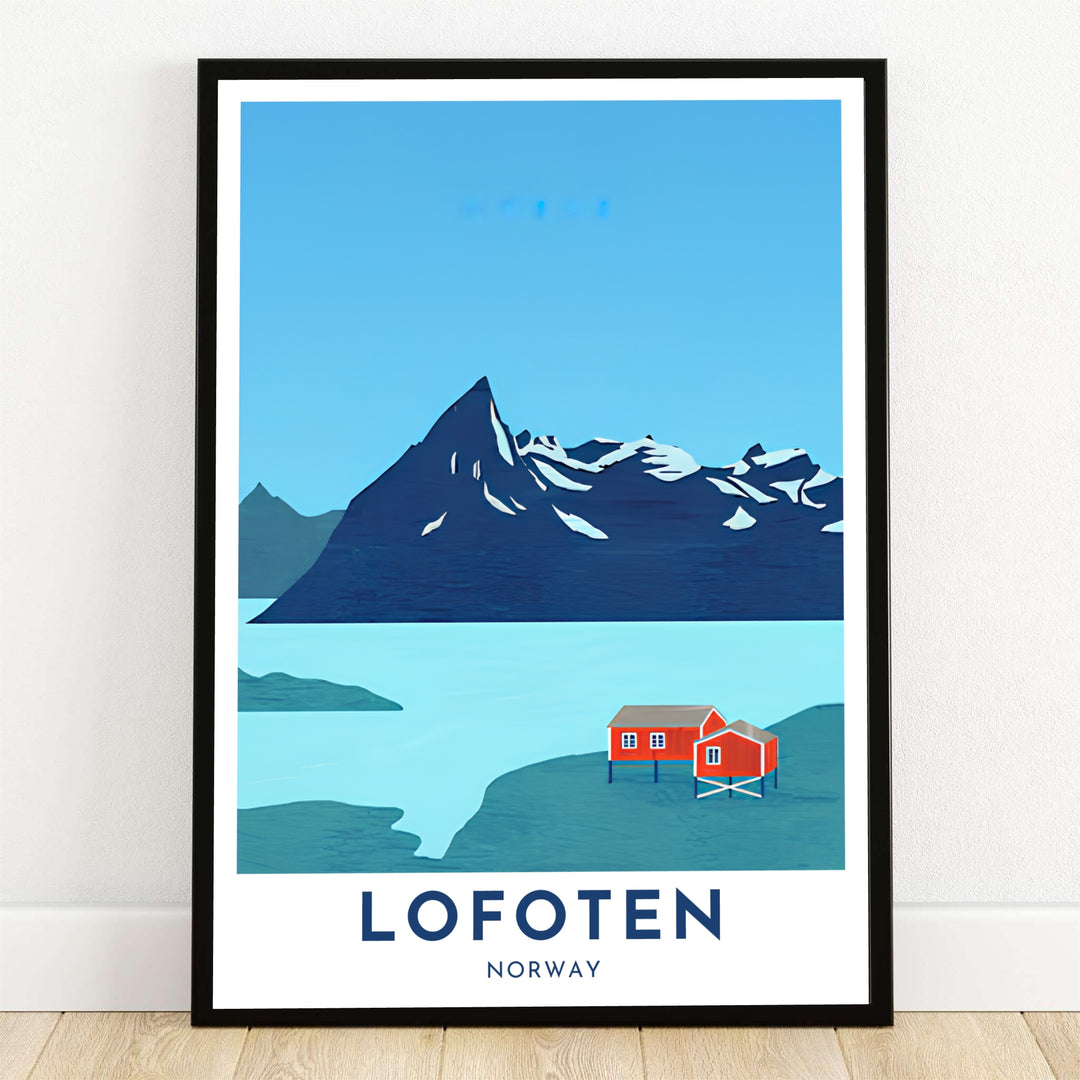 Minimalist vector illustration of Lofoten Norway featuring red rorbuer cabins on stilts set against a dramatic snow-dusted mountain peak and calm turquoise water. This clean art piece from MapYourDreams is available as a ready-to-hang framed print, stretched canvas wrap, or unframed paper print.