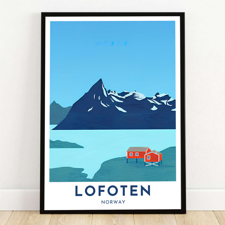 Minimalist vector illustration of Lofoten Norway featuring red rorbuer cabins on stilts set against a dramatic snow-dusted mountain peak and calm turquoise water. This clean art piece from MapYourDreams is available as a ready-to-hang framed print, stretched canvas wrap, or unframed paper print.