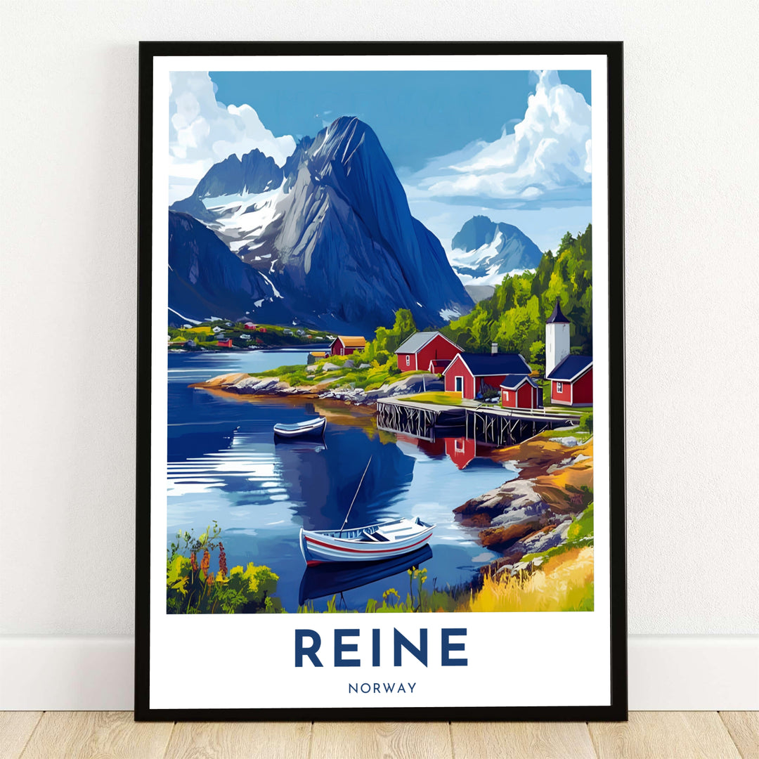 Painterly travel illustration of Reine Norway depicting red fishing cabins along an alpine harbor with boats resting on reflective blue water beneath towering mountain peaks. MapYourDreams provides this scenic art piece as a fine paper print, custom wooden framed wall art, or gallery wrapped canvas wrap option.