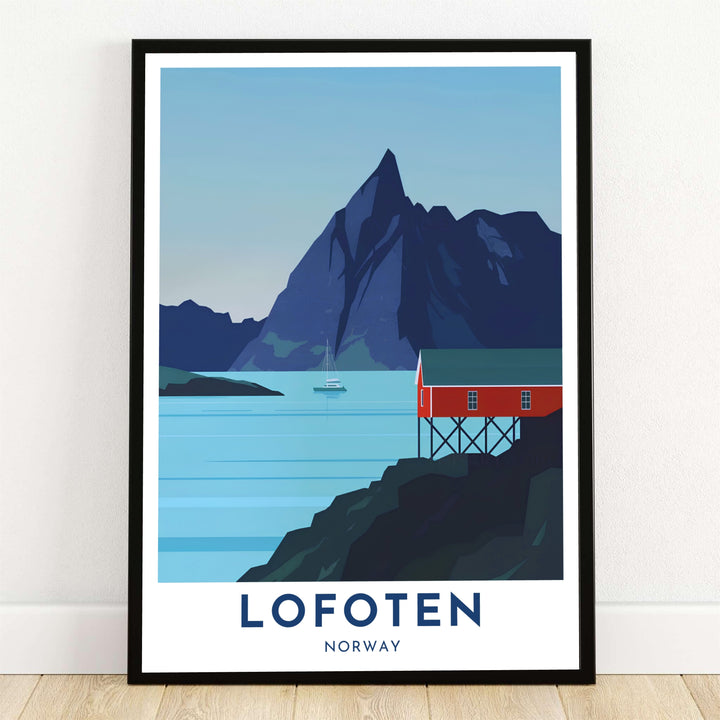 Minimalist graphic vector print of Lofoten Norway depicting a red rorbu cabin on stilts beside calm blue fjord waters and a sharp mountain peak. Offered by MapYourDreams, this clean coastal piece is available as an archival fine paper print, wooden framed display, or gallery wrapped canvas wrap option.