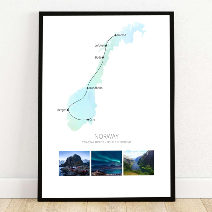 Minimalist map illustration of the Norway coastal route from Oslo to Tromsø showing key transit stops like Bergen, Trondheim, Bodø, and Lofoten above northern lights photo panels. Offered by MapYourDreams, this piece is available as an archival paper print, wooden framed display, or gallery canvas wrap option.