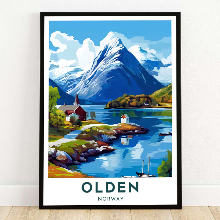 Vintage style travel poster of Olden Norway showcasing a scenic glacier village along Nordfjord lake with a soaring alpine mountain peak reflection. Produced by MapYourDreams, this fine art print is offered as an unframed paper print, custom wooden framed display, or gallery wrapped canvas option.