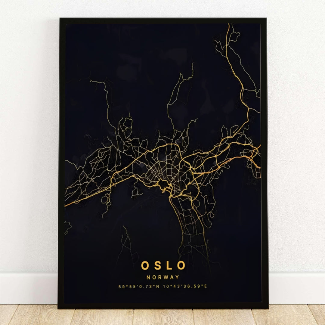 Modern metallic gold and black city map print of Oslo Norway depicting the capital street grid network and Oslofjord shoreline. Offered by MapYourDreams, this luxury cartography artwork comes available across flexible options including unframed paper prints, solid wood frames, and gallery canvas wraps.