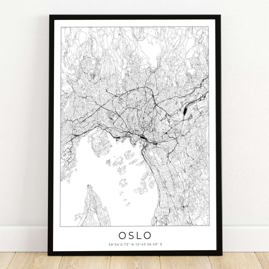Minimalist black and white street grid city map print of Oslo Norway showing detailed road networks, waterways, and geographic coordinates. Offered by MapYourDreams, this Scandinavian cartography artwork comes available across flexible options including unframed paper prints, solid wood frames, and gallery canvas wraps.