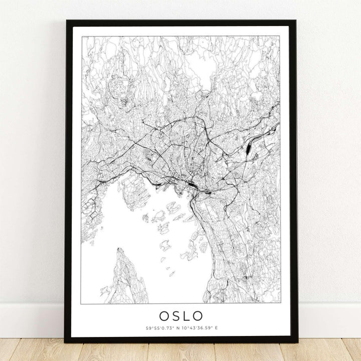 Minimalist black and white street grid city map print of Oslo Norway showing detailed road networks, waterways, and geographic coordinates. Offered by MapYourDreams, this Scandinavian cartography artwork comes available across flexible options including unframed paper prints, solid wood frames, and gallery canvas wraps.