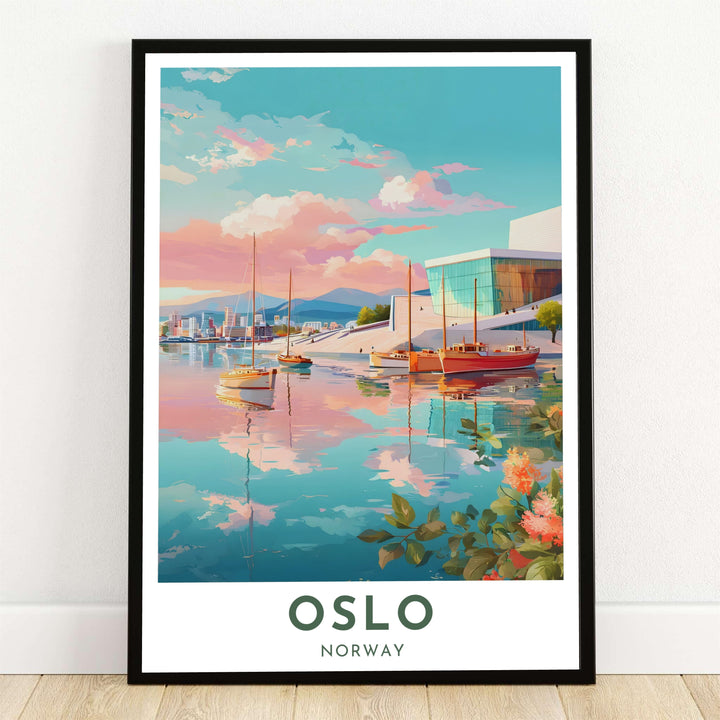 Colorful pastel illustration of the Oslo Opera House and harbor waterfront sunset with sailboats reflecting on calm waters in Norway. Offered by MapYourDreams, this Scandinavian travel artwork comes available across flexible options including unframed paper prints, solid wood frames, and gallery canvas wraps.