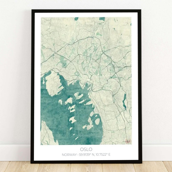 Vintage blue city street grid map print of Oslo Norway depicting the intricate Oslofjord waterways and surrounding islands on a warm parchment backdrop. Offered by MapYourDreams, this nautical cartography artwork comes available across flexible options including unframed paper prints, solid wood frames, and gallery canvas wraps.