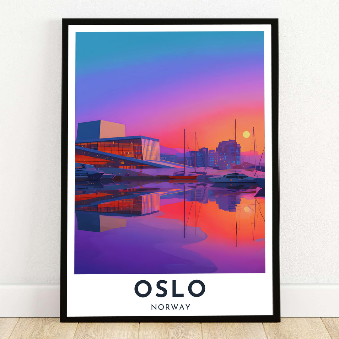 Vibrant vector art travel poster depicting the Oslo Opera House in Norway during a dramatic sunset with violet and magenta sky gradients reflecting across the Oslofjord. Offered by MapYourDreams, this modern architectural wall artwork is available in versatile options including unframed paper prints, solid wood frames, and gallery canvas wraps.