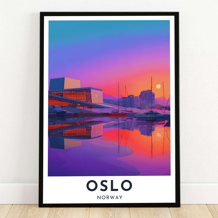 Vibrant vector art travel poster depicting the Oslo Opera House in Norway during a dramatic sunset with violet and magenta sky gradients reflecting across the Oslofjord. Offered by MapYourDreams, this modern architectural wall artwork is available in versatile options including unframed paper prints, solid wood frames, and gallery canvas wraps.