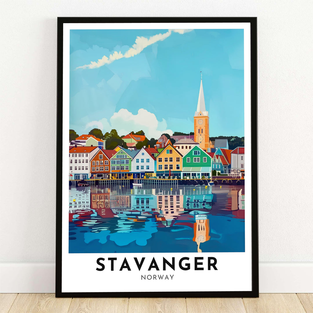 Bright vector art travel poster illustrating the colorful historic wooden storehouses along Vågen harbor in Stavanger Norway with reflections shimmering on the water surface. Offered by MapYourDreams, this coastal architectural artwork comes available across flexible options including unframed paper prints, solid wood frames, and gallery canvas wraps.