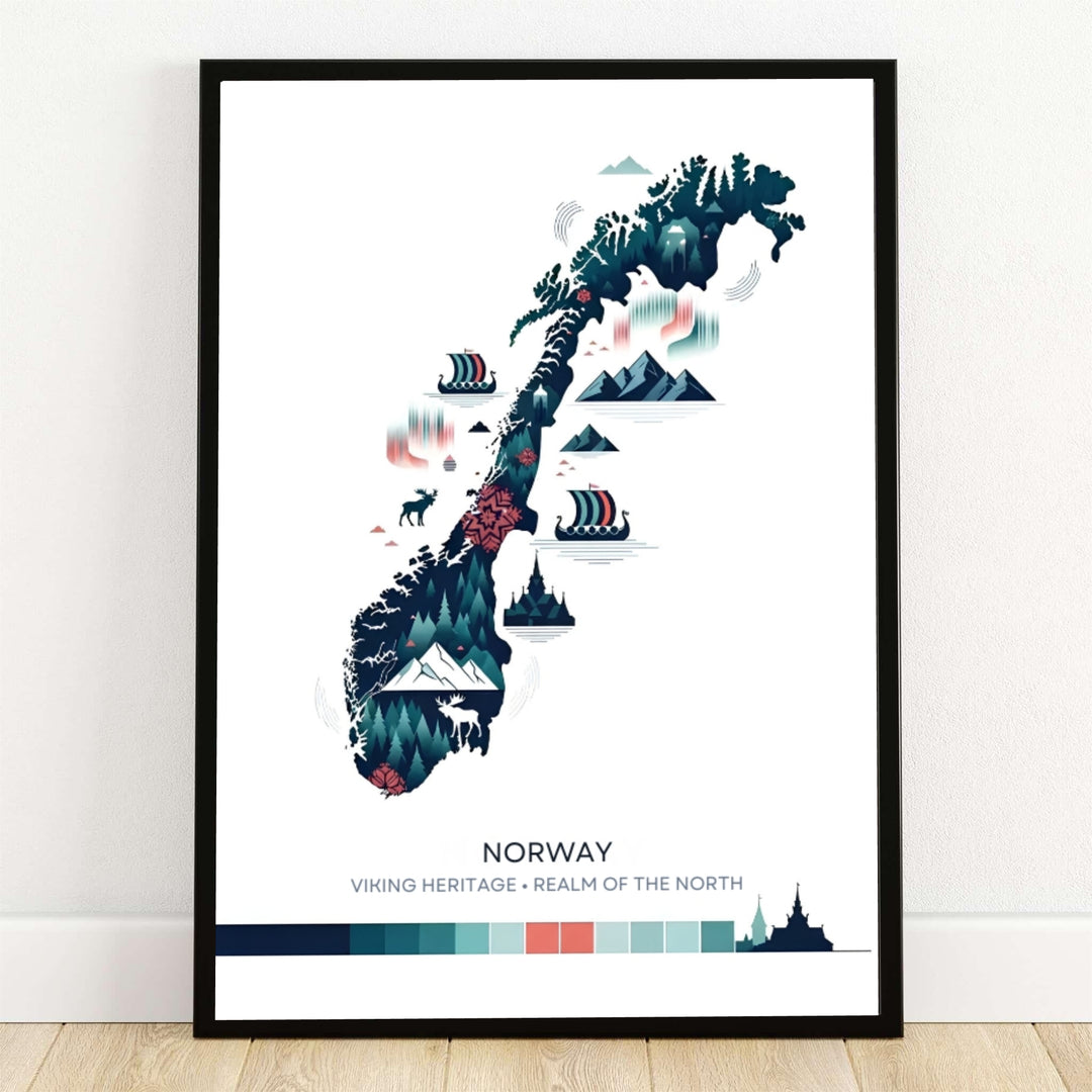 Minimalist vector graphic map print of Norway filled with pine trees, stave churches, stags, and snow mountains alongside Viking longships sailing in coastal waters under northern lights waves. Offered by MapYourDreams, this folklore artwork comes available across flexible options including unframed paper prints, solid wood frames, and gallery canvas wraps.