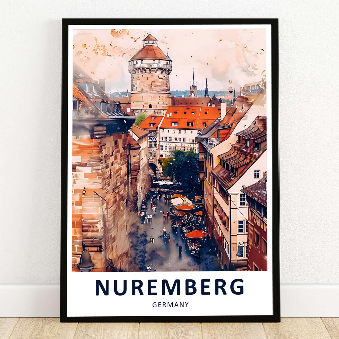 Historic Nuremberg Germany Castle poster showing the iconic stone tower and Old Town market stalls below. Offered by MapYourDreams, this artwork is available in flexible options including unframed paper, custom wooden frames, and gallery canvas wraps to suit any room decor.