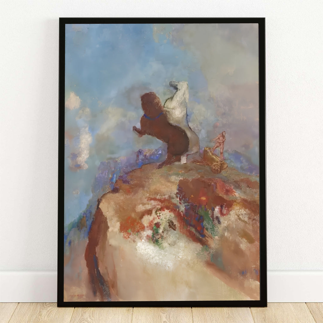 Odilon Redon Apollo In His Chariot 1905 fine art print depicting the classical sun god from the Rijksmuseum Amsterdam collection. MapYourDreams provides custom framed options, unframed paper posters, and gallery stretched canvas reproductions for elegant living room interiors.