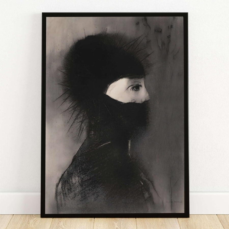 Odilon Redon Armor 1891 fine art reproduction showcasing a dark profile portrait from The Metropolitan Museum of Art in New York City. MapYourDreams provides custom black frames, white frames, natural wood frames, unframed paper prints, and stretched canvas options for moody interior spaces.