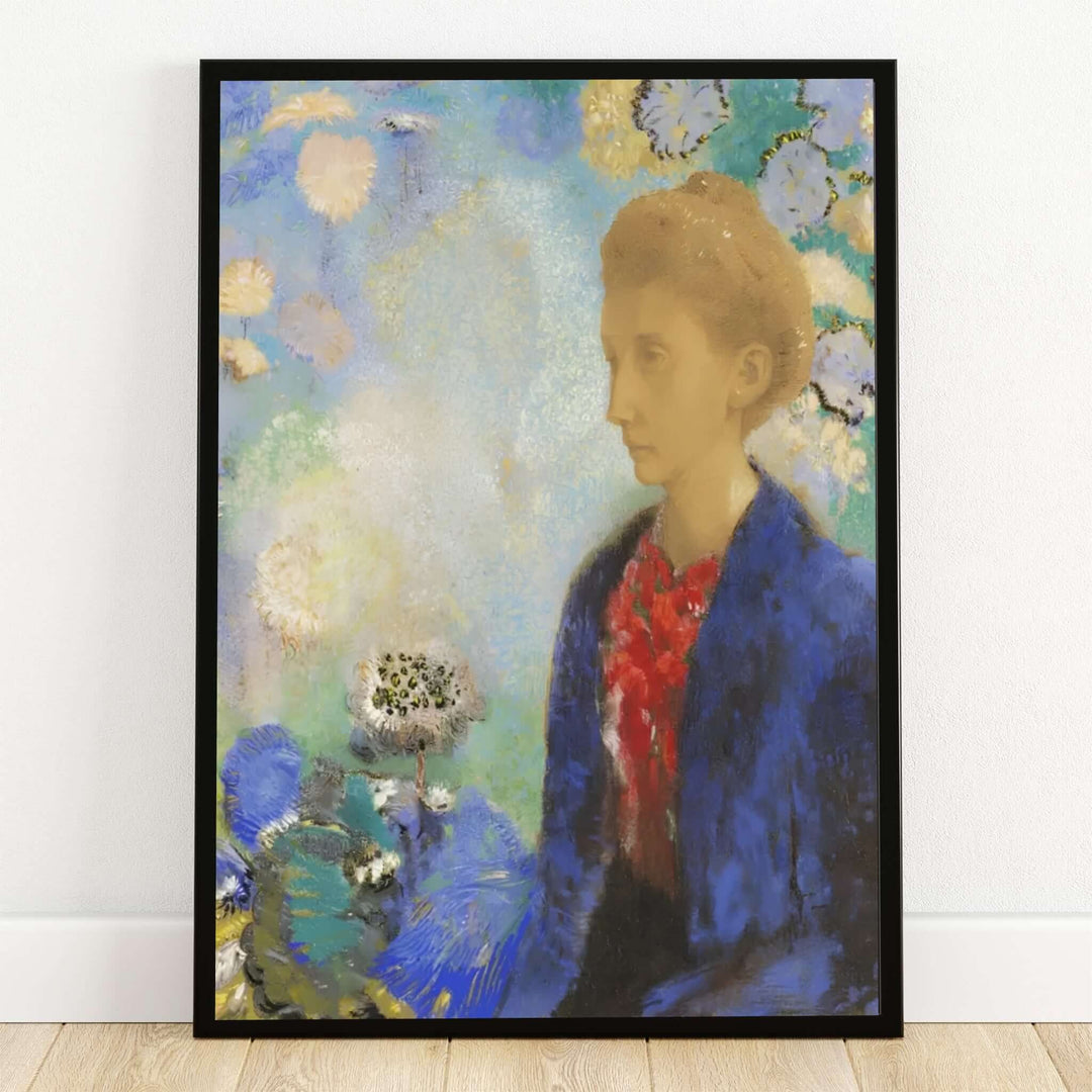 Captured in the hallowed halls of the Getty Museum, this striking portrait by Odilon Redon depicts the Baronne de Domecy against a dreamlike floral backdrop of radiant blues and golden tones. Offered by MapYourDreams, this artwork is available in flexible options including unframed paper, custom wooden frames, and gallery canvas wraps to suit any sophisticated interior decor style.