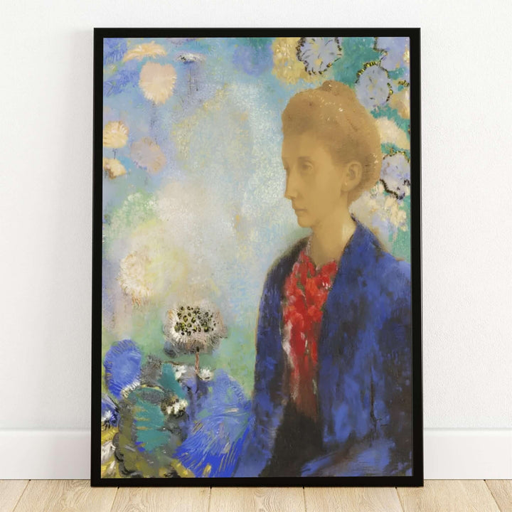Captured in the hallowed halls of the Getty Museum, this striking portrait by Odilon Redon depicts the Baronne de Domecy against a dreamlike floral backdrop of radiant blues and golden tones. Offered by MapYourDreams, this artwork is available in flexible options including unframed paper, custom wooden frames, and gallery canvas wraps to suit any sophisticated interior decor style.