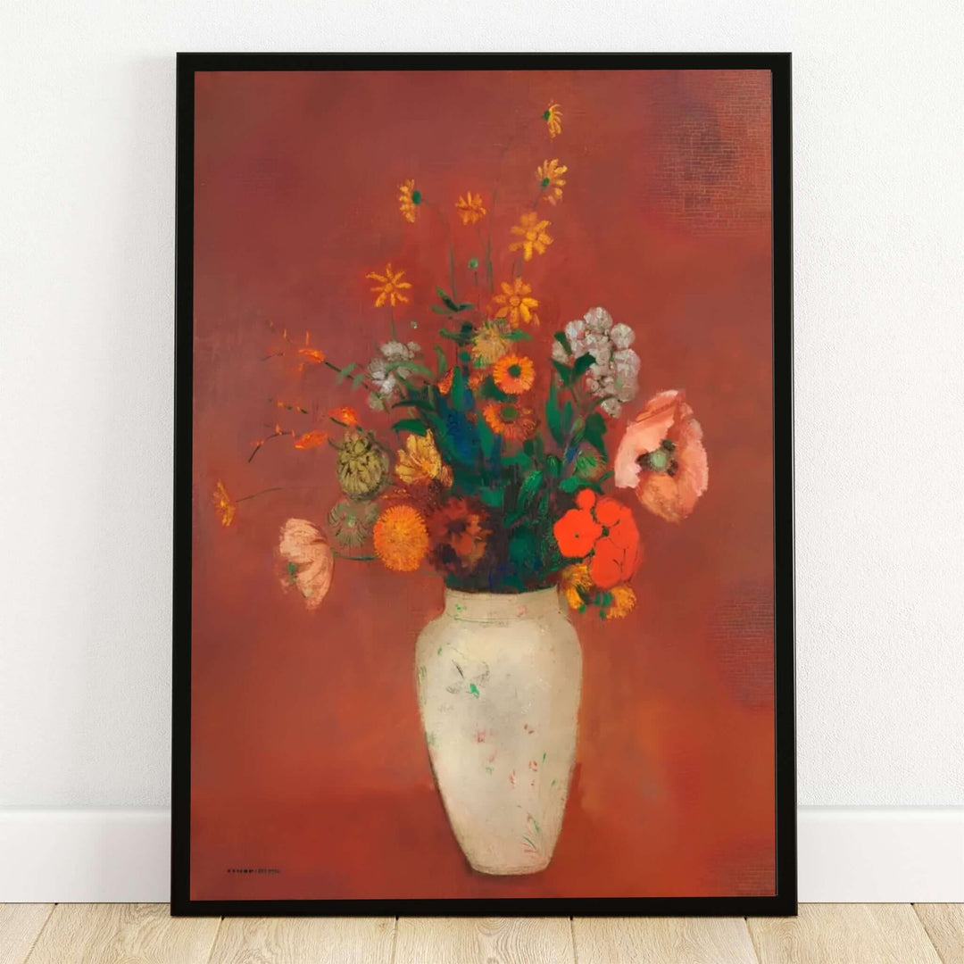 Displayed against a warm terracotta backdrop, this stunning c. 1912 floral still life by Odilon Redon features a luminous bouquet inside an exquisite Chinese vase. Offered by MapYourDreams, this artwork is available in flexible options including unframed paper, custom wooden frames, and gallery canvas wraps to suit any sophisticated interior decor style.