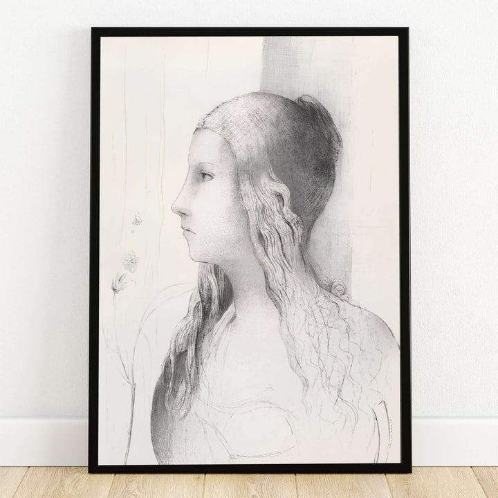 Monochromatic lithograph depicting Brünnhilde by Odilon Redon in 1894, rendered in soft pencil shading and subtle contours. Printed by MapYourDreams, this vintage Symbolist portrait can be selected as a standalone unframed print, enclosed in a custom wooden frame, or stretched over a gallery canvas format.