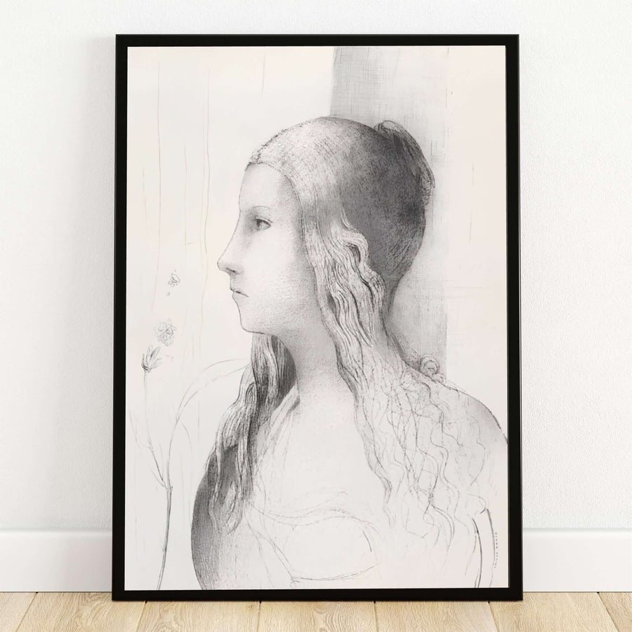 Monochromatic lithograph depicting Brünnhilde by Odilon Redon in 1894, rendered in soft pencil shading and subtle contours. Printed by MapYourDreams, this vintage Symbolist portrait can be selected as a standalone unframed print, enclosed in a custom wooden frame, or stretched over a gallery canvas format.