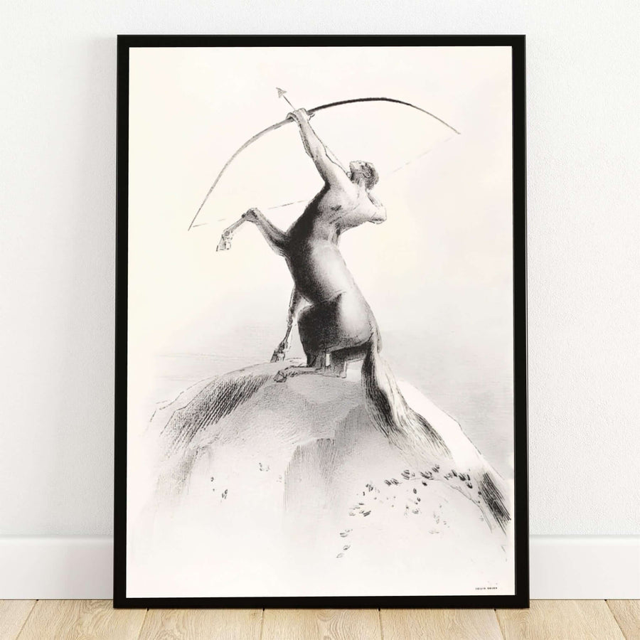 Monochromatic 1895 lithograph titled Centaur Aiming At The Clouds by French Symbolist master Odilon Redon depicting a mythical archer on a rocky peak. MapYourDreams produces this historic print across diverse presentation formats, allowing you to choose between lightweight paper sheets, custom wooden frames, and gallery-wrapped canvas.