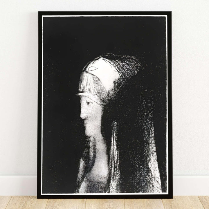 Dark atmospheric 1891 lithograph portrait titled Druidesse by Odilon Redon featuring a priestess profile in traditional veil. MapYourDreams reproduces this Symbolist art release in flexible presentation choices, spanning unmounted archival paper sheets, custom wooden frames, and gallery canvas wraps.