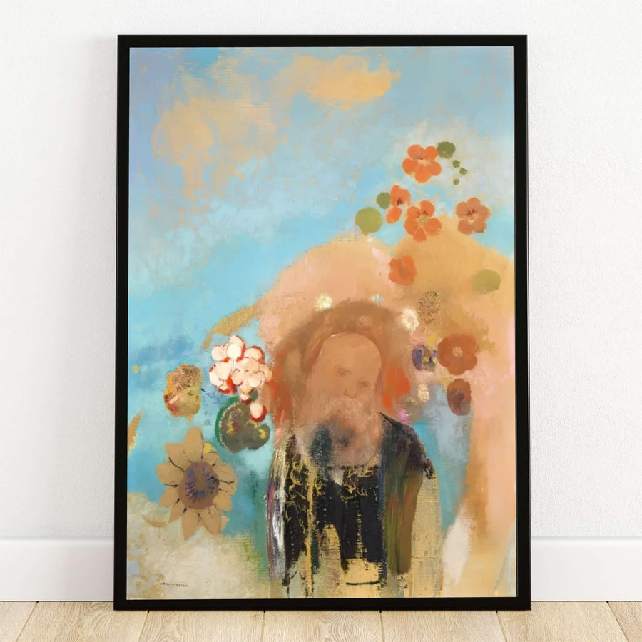 Luminous 1912 pastel painting titled Evocation Of Roussel by Odilon Redon from the Orsay Museum collection featuring floating flowers and sky blue tones. MapYourDreams reproduces this Symbolist art release in flexible presentation choices, spanning unmounted archival paper sheets, custom wooden frames, and gallery canvas wraps.