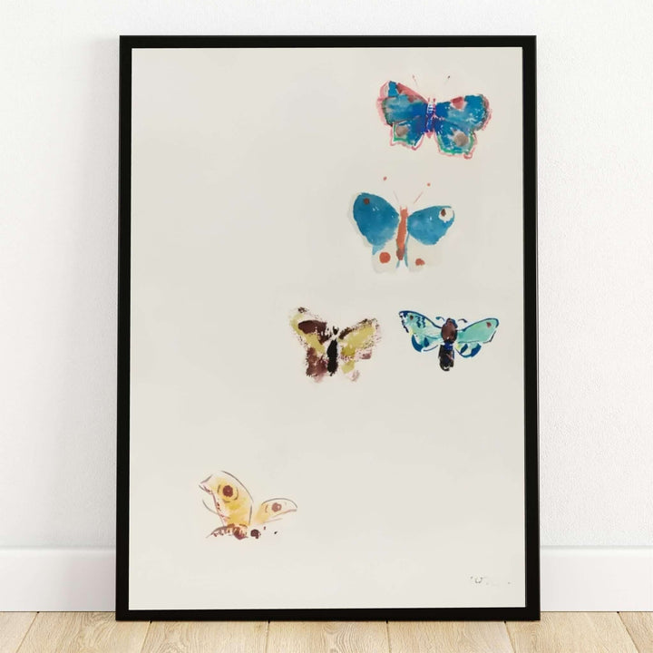 Whimsical 1910 watercolor study titled Five Butterflies by French Symbolist master Odilon Redon depicting cerulean and yellow butterflies on cream paper. MapYourDreams reproduces this fine art print in flexible presentation formats, spanning unmounted archival paper sheets, custom wooden frames, and gallery canvas wraps.