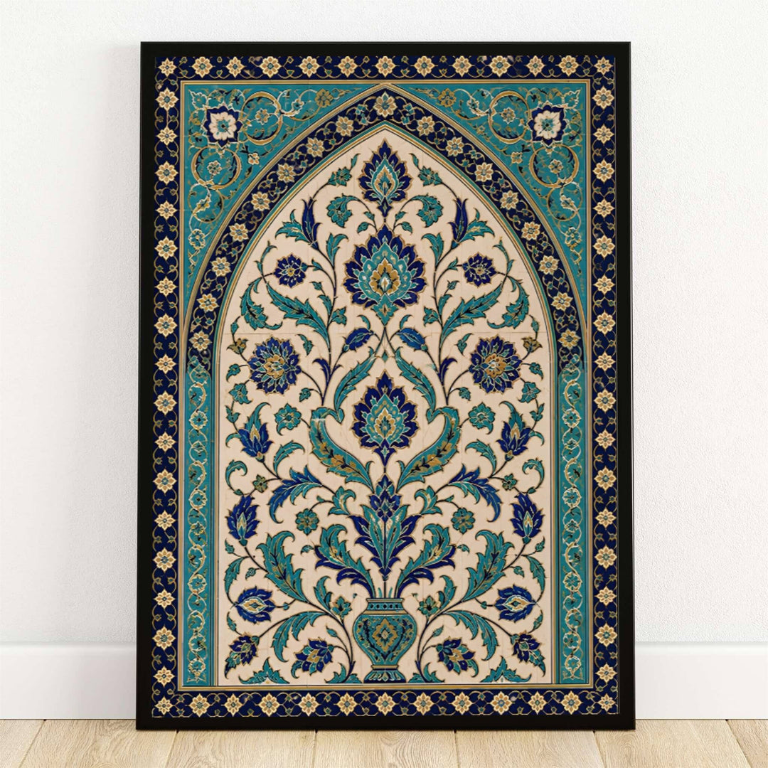 Fine art print of an Ottoman Iznik ceramic tile panel featuring a pointed ogee arch, turquoise palmette leaves, and cobalt blue floral vase motifs. Offered by MapYourDreams, this artwork is available in flexible options including unframed paper, custom wooden frames, and gallery canvas wraps for room decor.